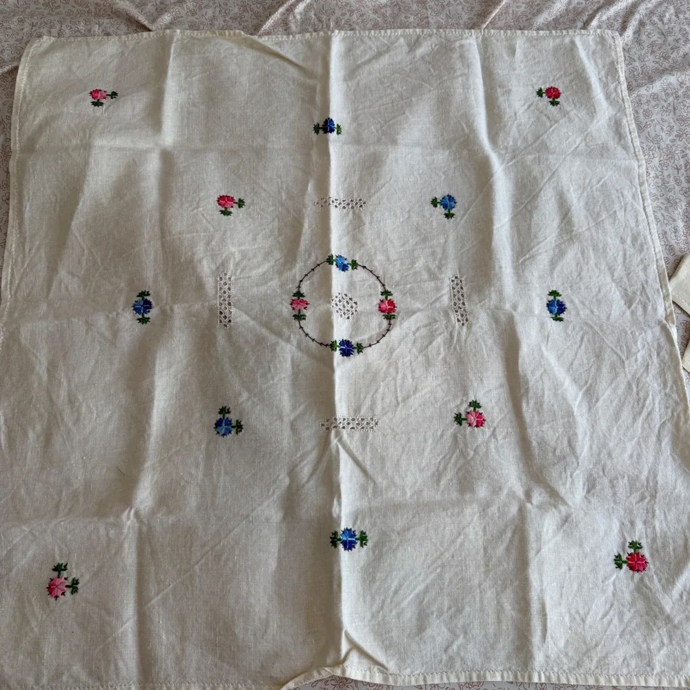 VTG Embroidered Card Tablecloth Set 5 Coasters White Linen Floral Lace 31x31